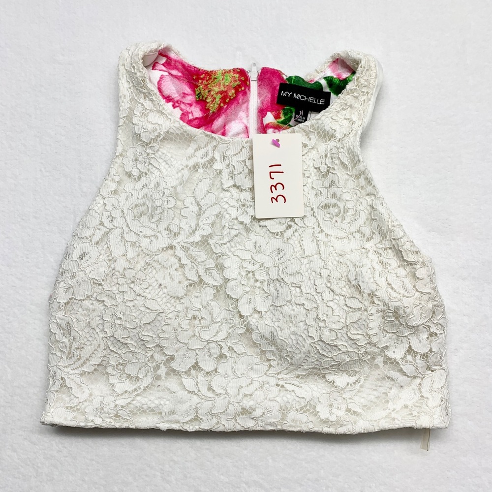 My Michelle Lace Floral Crop Top Womens Sz 11 White Pink Sleeveless Cotton Blend